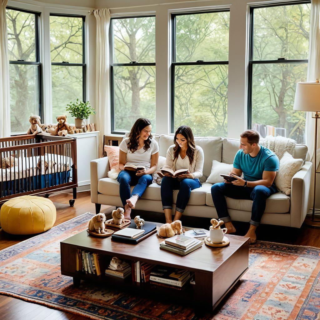 A cozy nursery scene featuring a diverse group of new parents sharing parenting tips over a coffee table filled with books and gadgets. The setting includes a soft, colorful rug and a serene window view filled with natural light. Add playful elements like baby toys and a dreamy mobile above a crib in the background. super-realistic. vibrant colors. warm lighting.