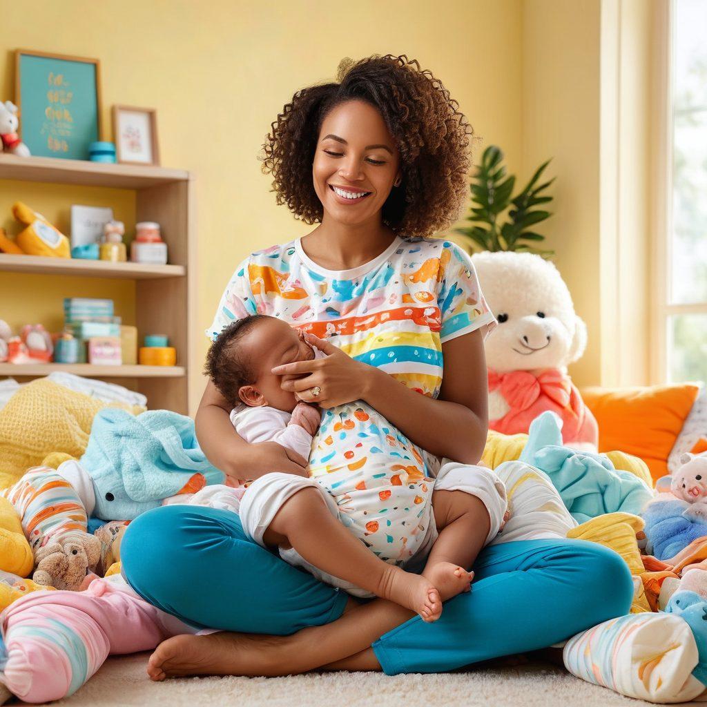 A heartwarming scene of a joyful parent holding a newborn, surrounded by a variety of baby products like diapers, toys, and clothes, with dollar signs and discount tags subtly integrated into the background. Bright, cheerful colors and a sunny atmosphere to evoke positivity and affordability in parenting. Illustrative style to make it appealing for a family-oriented blog. vibrant colors. super-realistic.