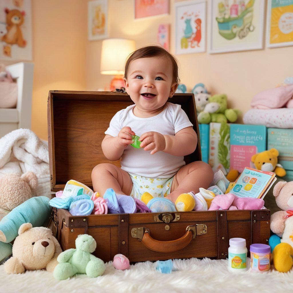 A joyful new parent opening a treasure chest overflowing with colorful baby samples and essential parenting resources, surrounded by playful baby toys, diapers, bottles, and books. Bright pastel colors illuminate the scene, evoking a sense of excitement and discovery. Soft, warm lighting creating a welcoming atmosphere. whimsical style. vibrant colors. 3D.